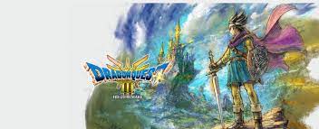 Dragon Quest III HD-2D A party of pixel-art heroes stands on a cliff overlooking a lush 3D world in Dragon Quest III HD-2D.