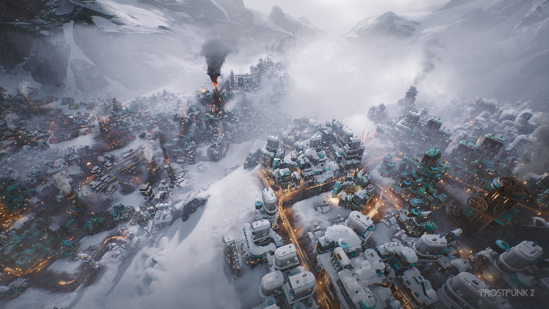 Frostpunk 2 Edge of Survival A lone scout struggles through a heavy blizzard toward a glowing steam generator in Frostpunk 2.